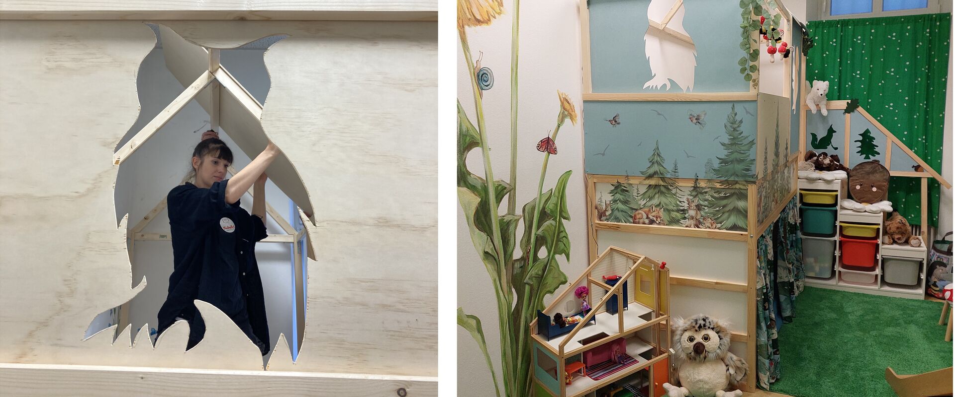Mitarbeiter:innen von IKEA Nord bei der Umgestaltung eines Gemeinschaftsraums im Notquartier Obdach Redtenbachergasse in ein fantasievolles Spielzimmer.