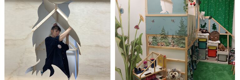 Mitarbeiter:innen von IKEA Nord bei der Umgestaltung eines Gemeinschaftsraums im Notquartier Obdach Redtenbachergasse in ein fantasievolles Spielzimmer. (Bild: FSW)
