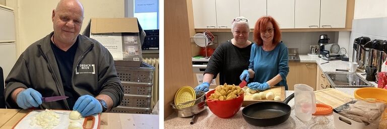 Schälen, Schneiden und Kochen: Vorbereitungen zum Faschingsgschnas im Obdach Wurlitzergasse. (Bild: FSW)