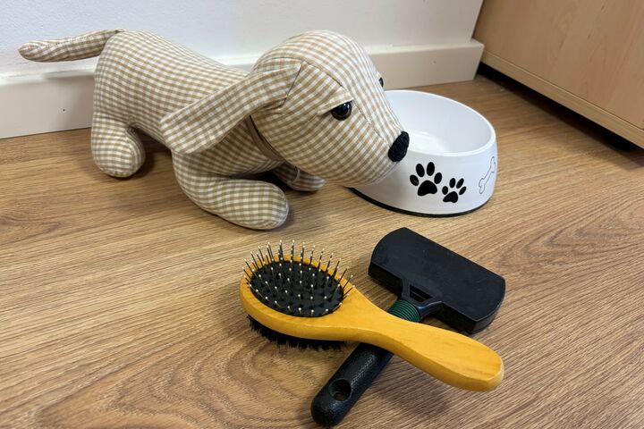 Ein Stoffhund, ein Napf sowie Haustierbürsten liegen am Boden. 